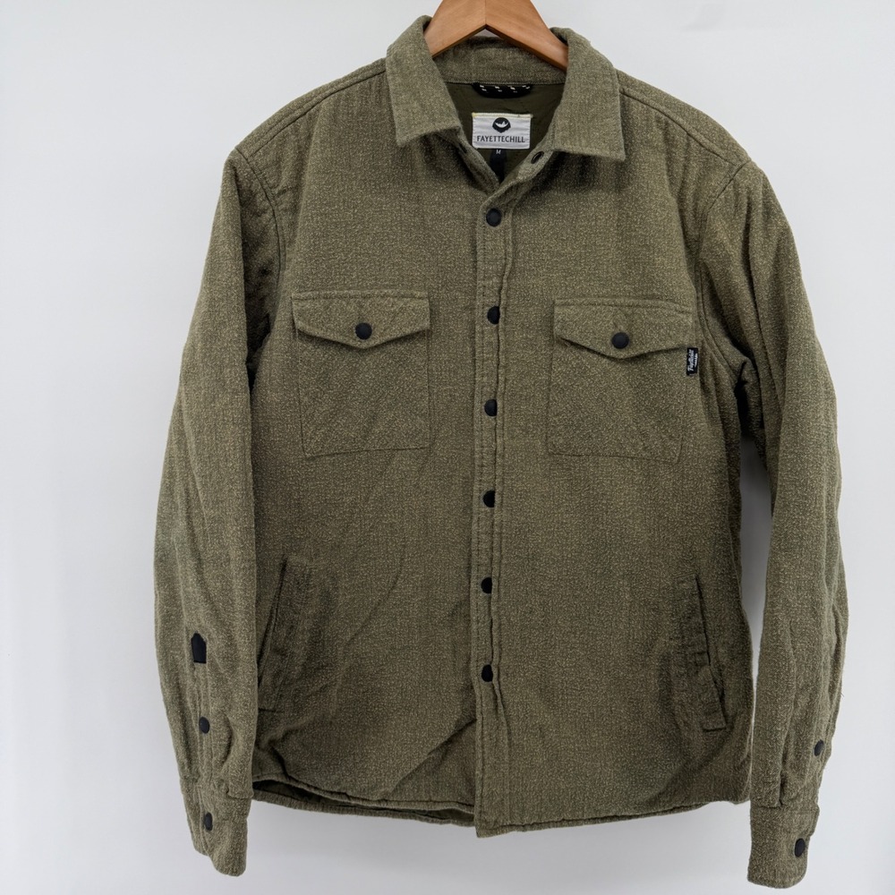 Fayettechill Mens M Quilted Lined Herringbone Shirt Jacket Olive Green Cotton